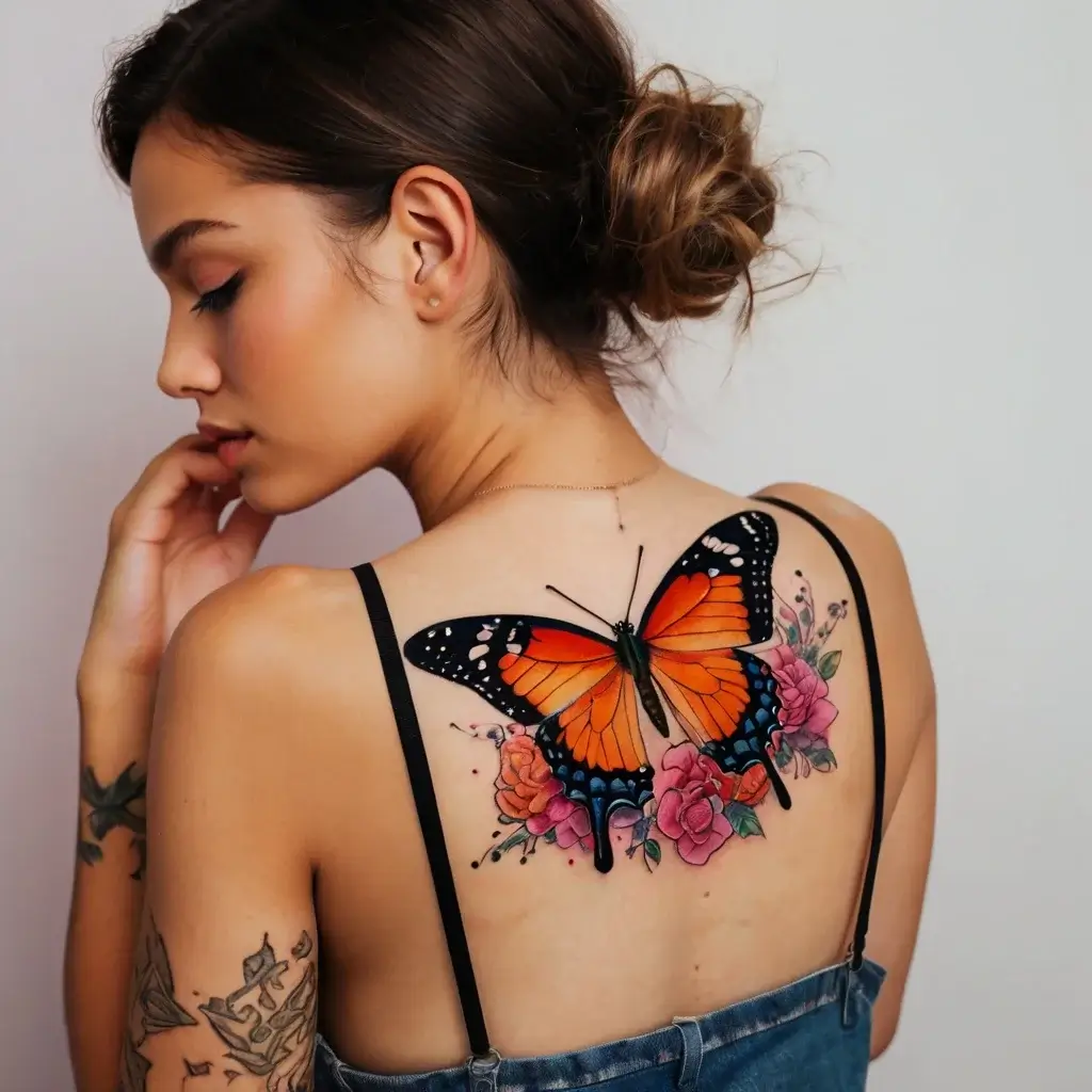 Tattoo of a vibrant orange-and-black butterfly on the back, surrounded by pink and purple roses, with detailed shading.