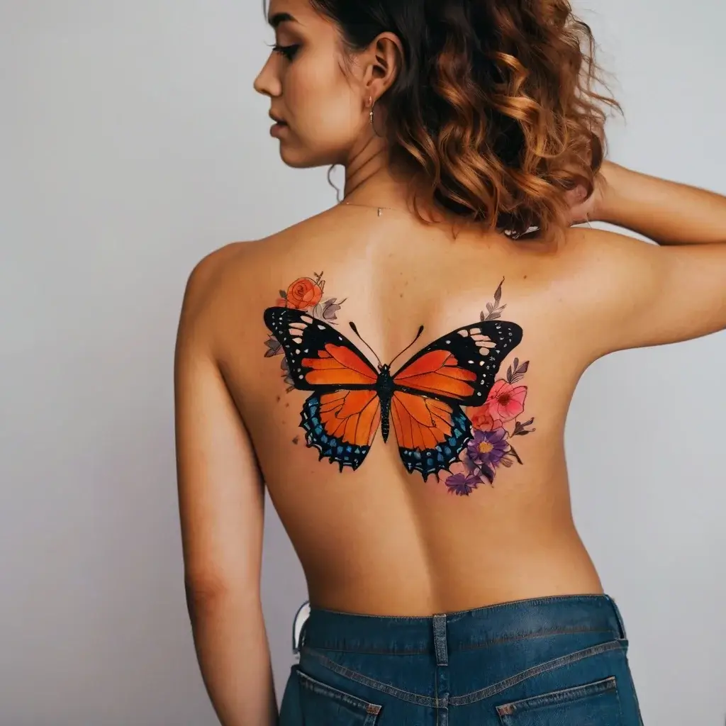 A vibrant orange monarch butterfly with floral accents, including roses and wildflowers, spanning the woman's upper back.