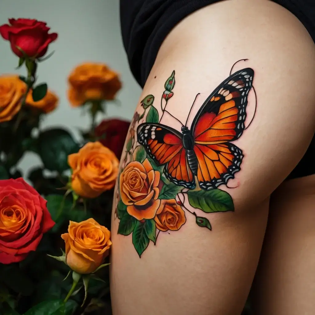 A vibrant tattoo of an orange butterfly with detailed roses and green leaves on the thigh, symbolizing transformation and beauty.