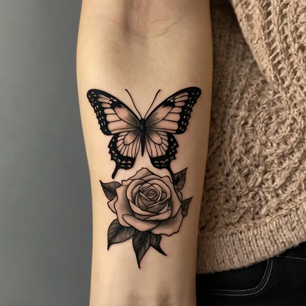 Black and grey tattoo of a butterfly atop a detailed rose; combines elegance and transformation on the forearm.