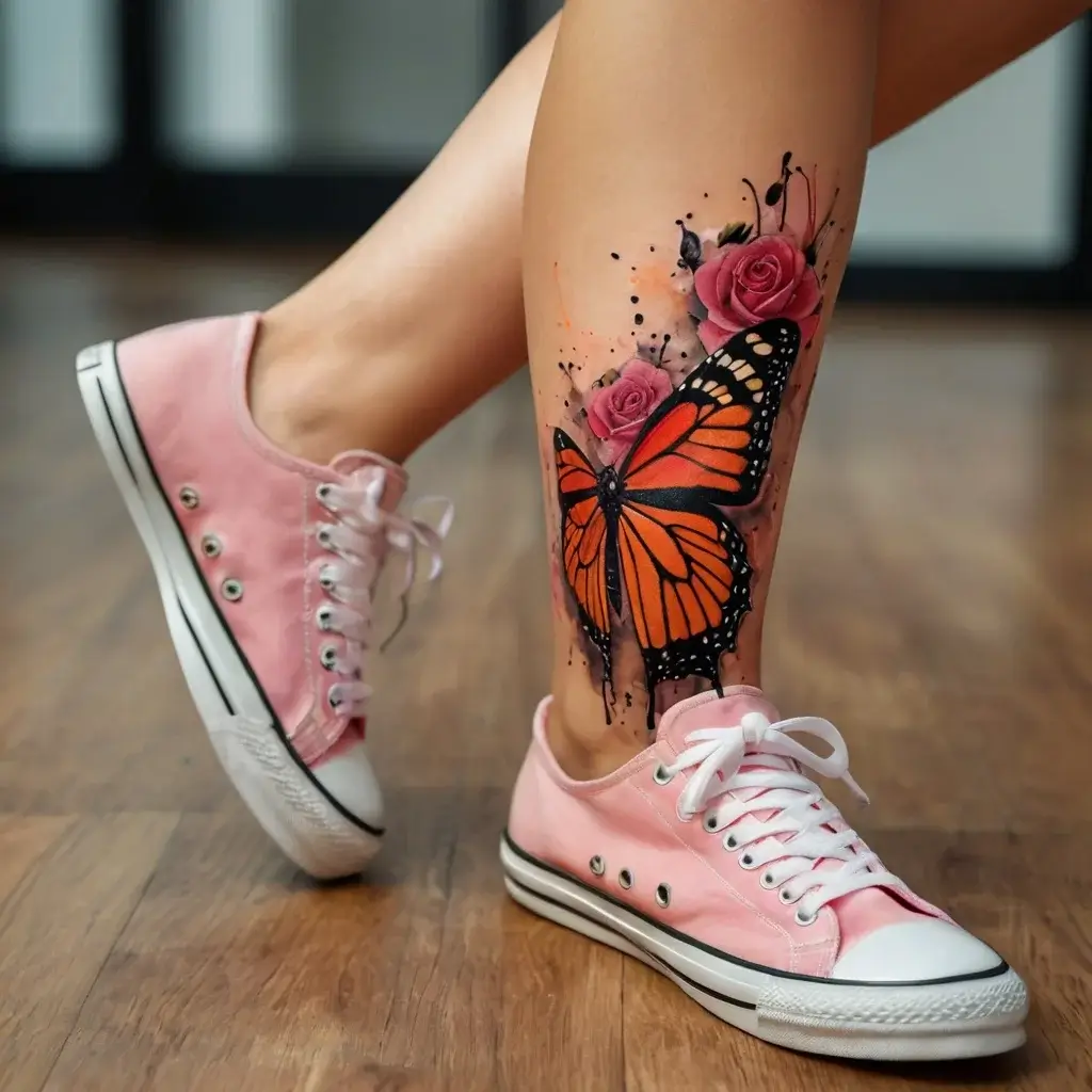 Colorful tattoo of an orange butterfly and pink roses on the calf, with splatter effects creating a vibrant, artistic look.