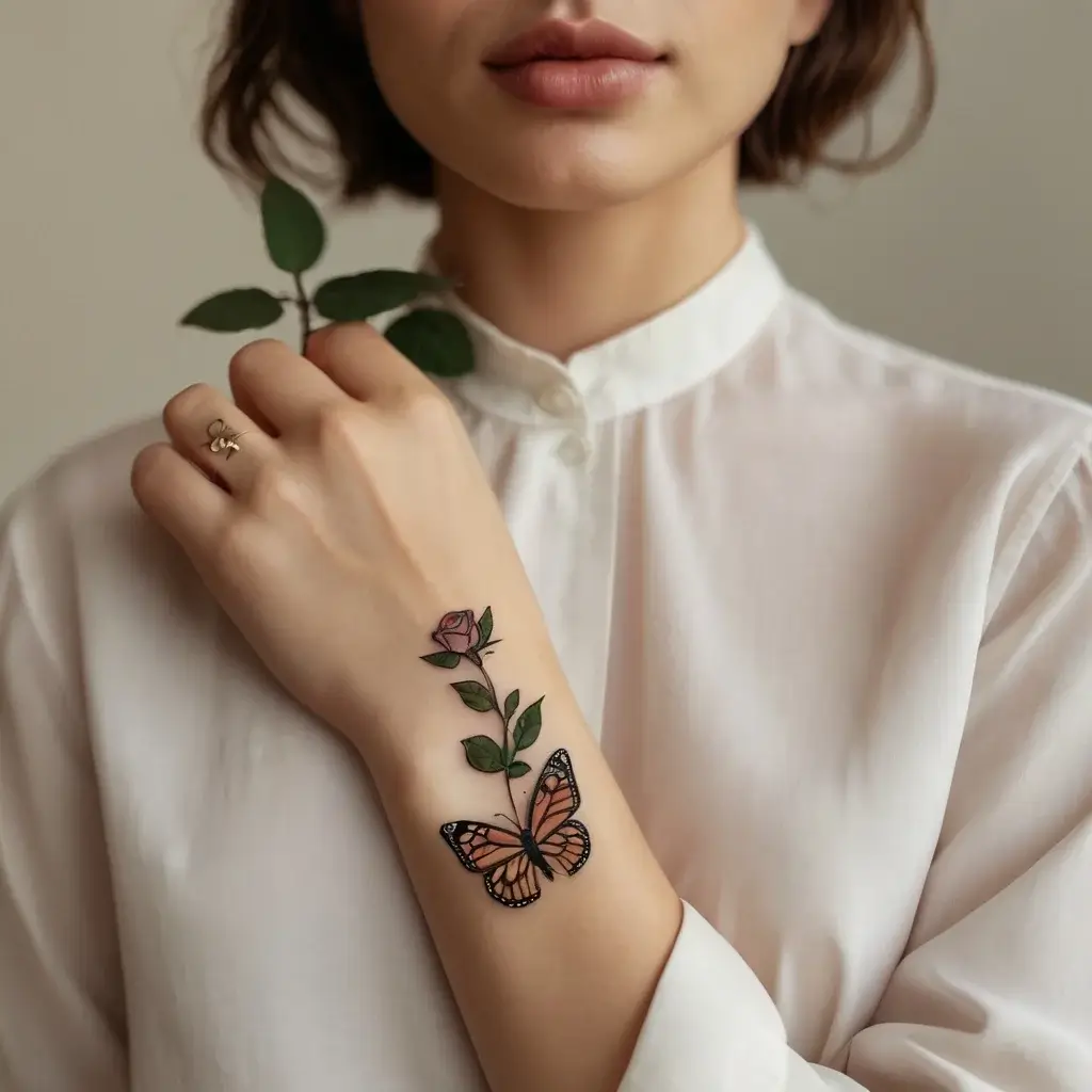 Delicate tattoo of a blooming rose on a stem with a detailed butterfly beneath, symbolizing transformation and growth.