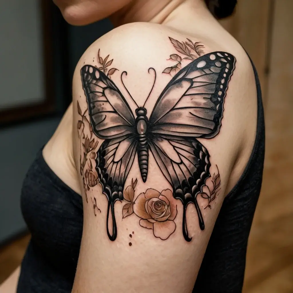 Tattoo of a detailed butterfly with floral accents on the shoulder, featuring roses and leaves in black and grey tones.