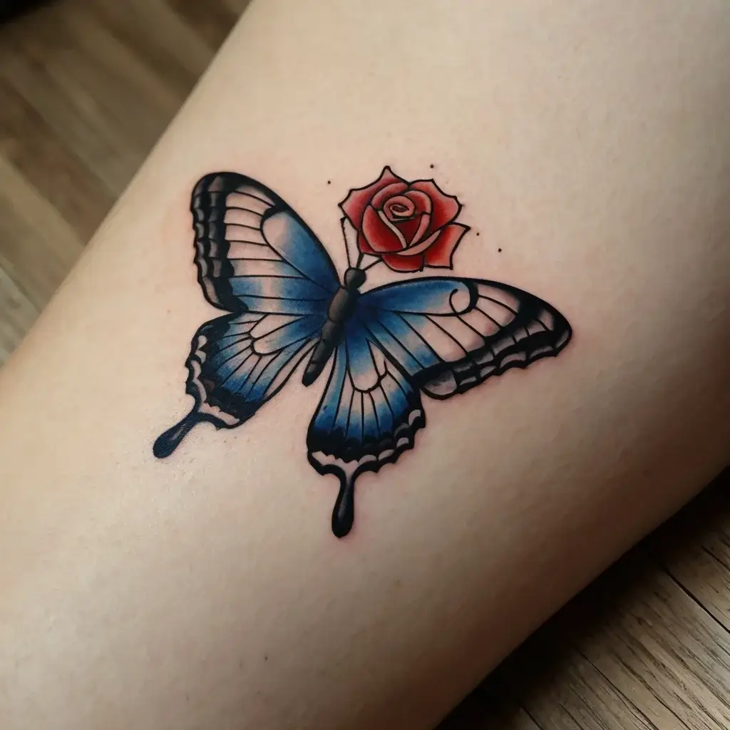 Tattoo of a vibrant blue butterfly with detailed black edges, perched on a small, red rose, signifying transformation.