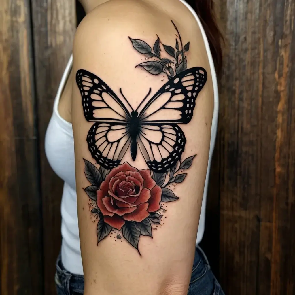 Tattoo of a vivid red rose and a black butterfly with intricate wings, surrounded by leaves and shading on the upper arm.