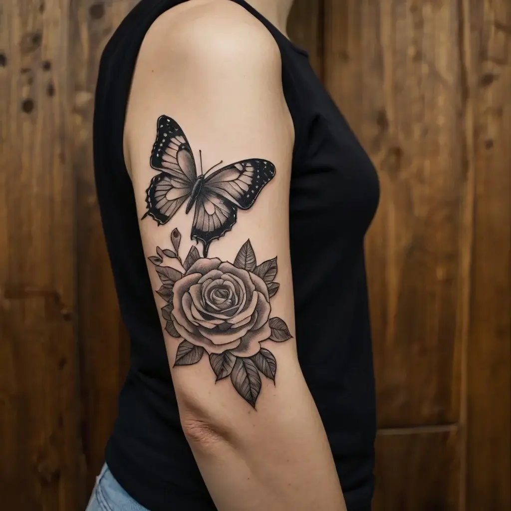 A detailed black and gray tattoo featuring a rose with leaves and a butterfly above, placed on the upper arm.