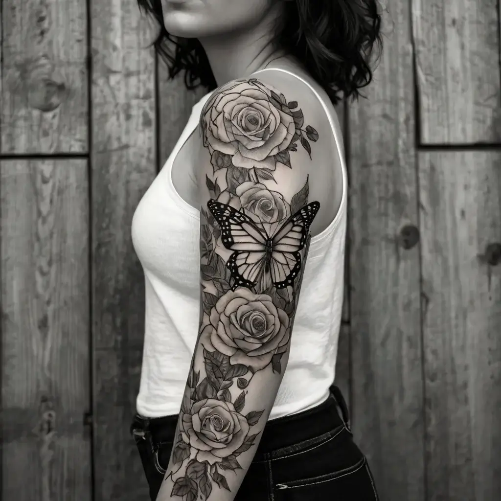 Tattoo of realistic roses and a detailed butterfly on an arm sleeve, showcasing intricate shading and fine line work.