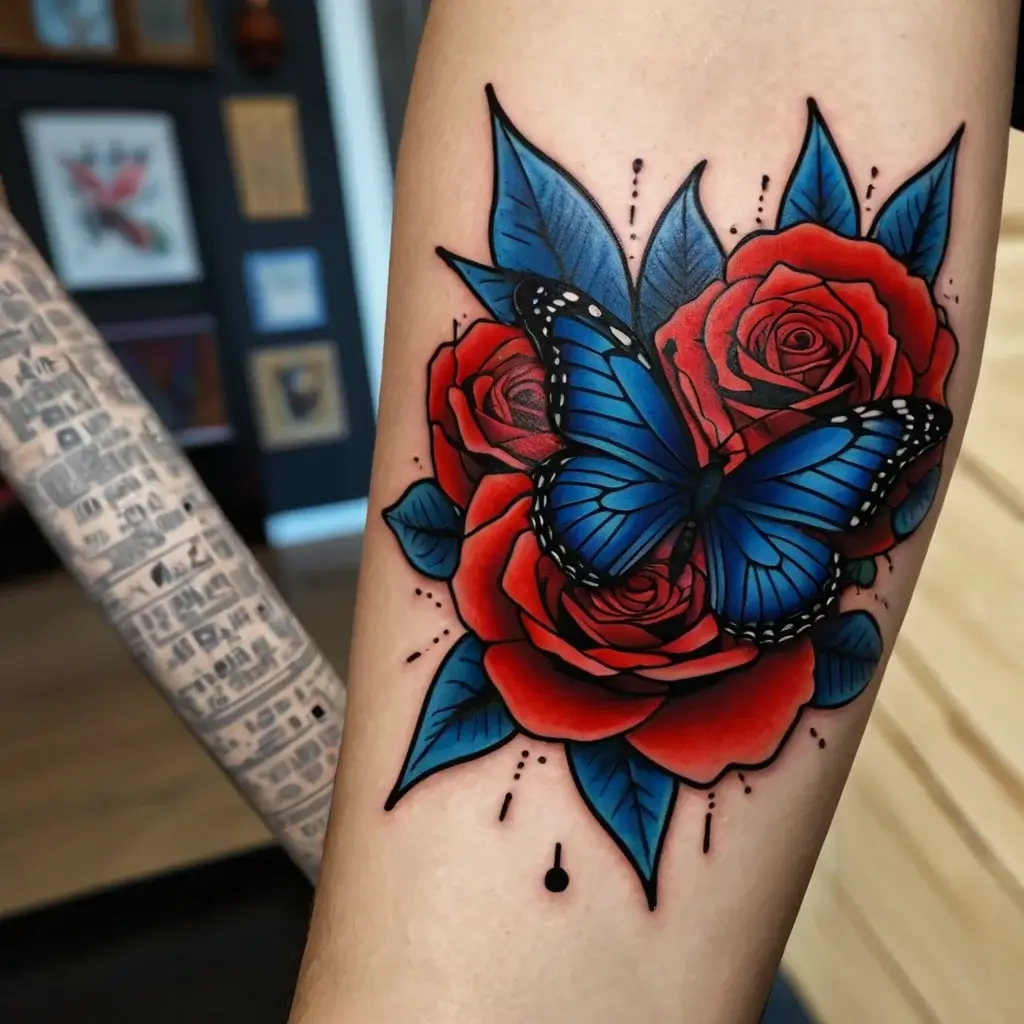 Tattoo of a vibrant blue butterfly perched on red roses with blue leaves, featuring bold outlines and splatter accents.