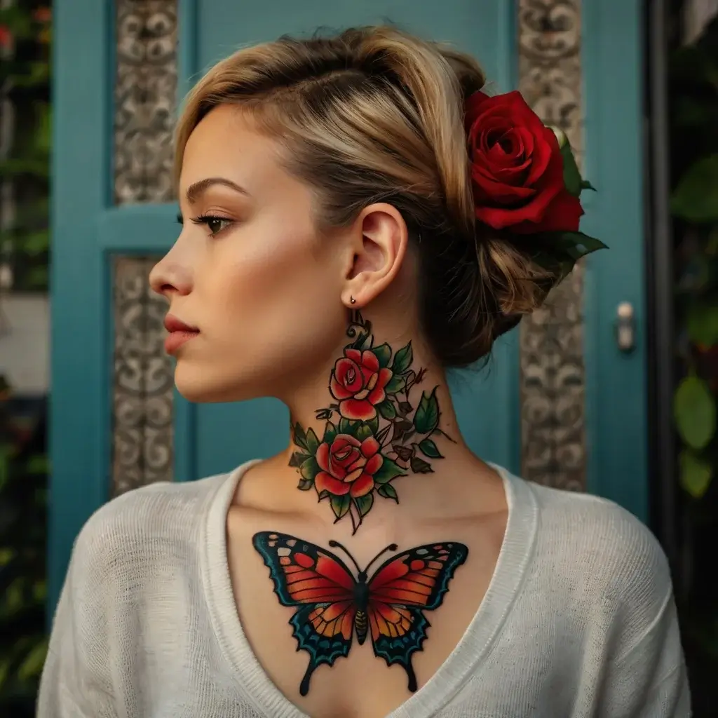 A vibrant tattoo with red roses cascading down the neck and a colorful butterfly on the chest, symbolizing beauty and transformation.