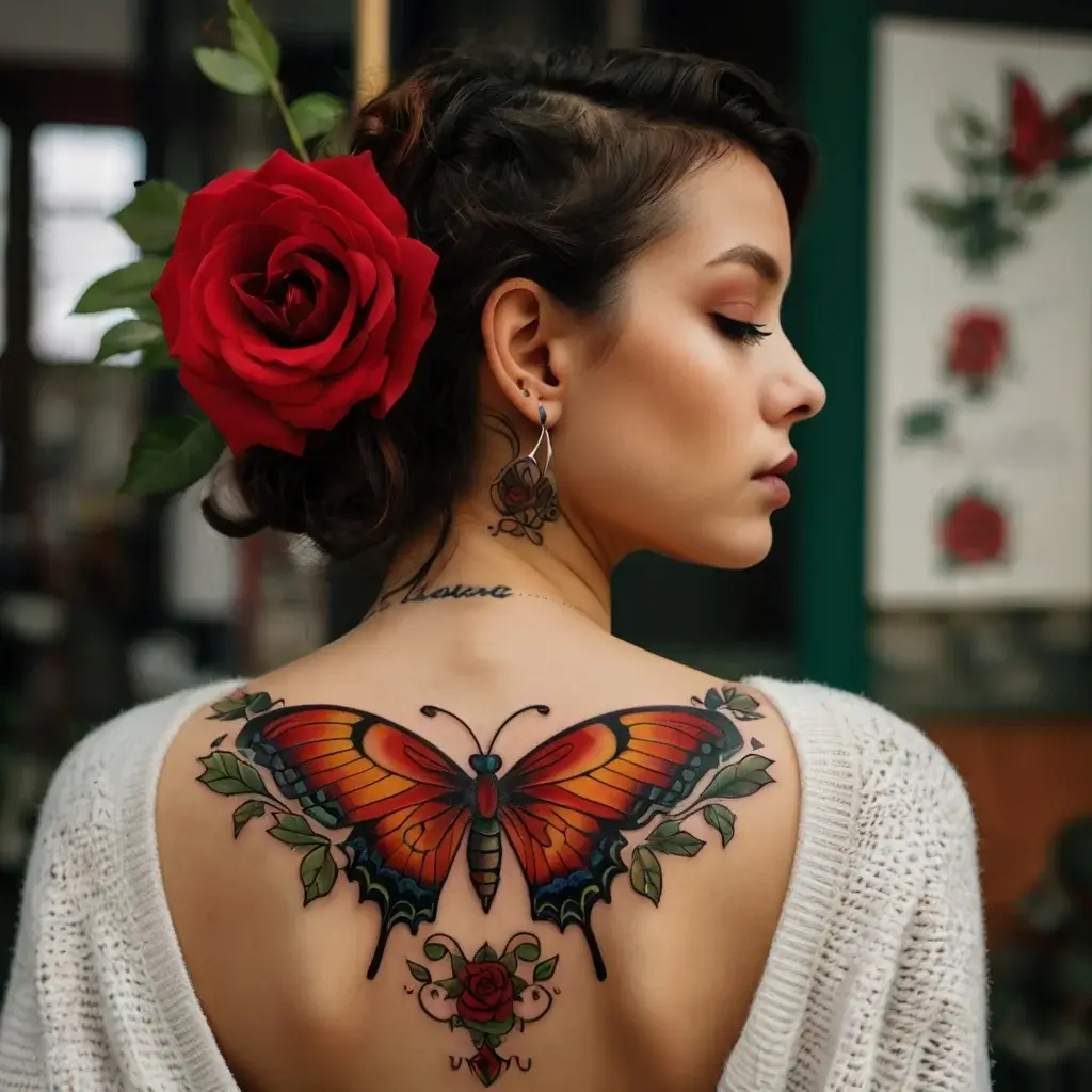 Back tattoo of a vibrant butterfly with orange and blue wings, surrounded by green leaves and a red rose.