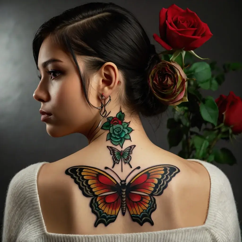 Elegant back tattoo featuring a large, colorful butterfly below a green rose and smaller butterfly.