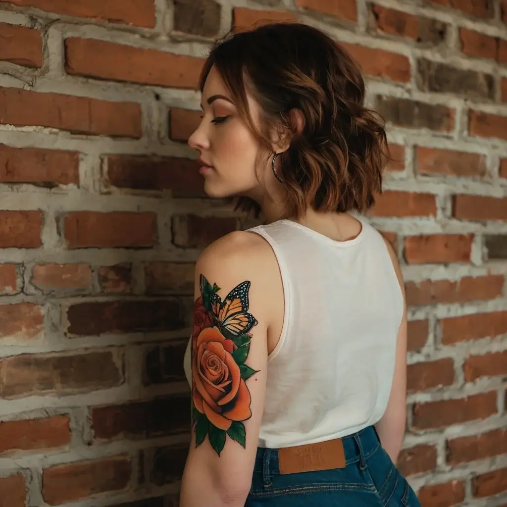 A vibrant tattoo of an orange rose with a detailed butterfly perched on top, set against green leaves on the upper arm.