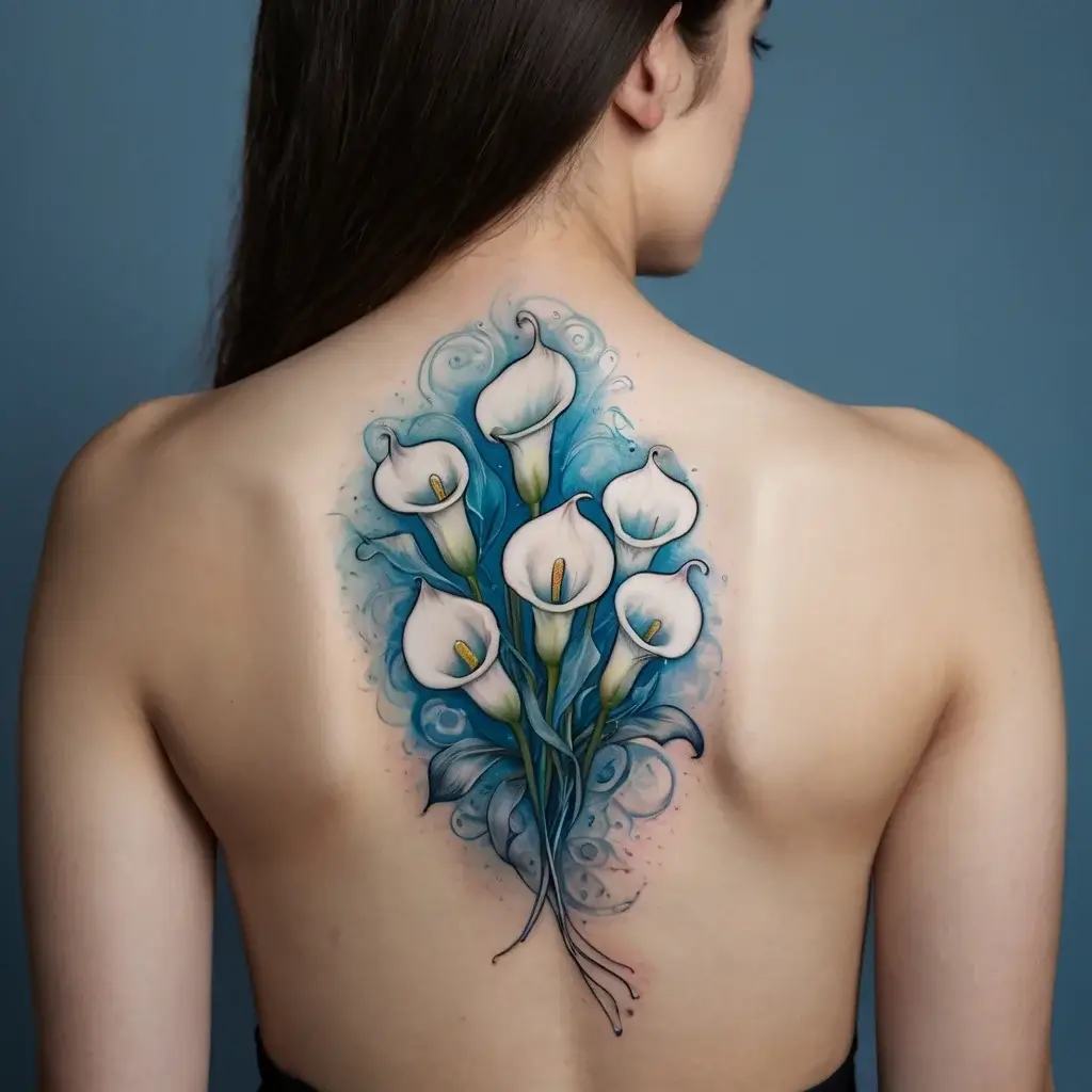 Back tattoo of elegant white calla lilies with green stems, set against a soft blue swirl background.