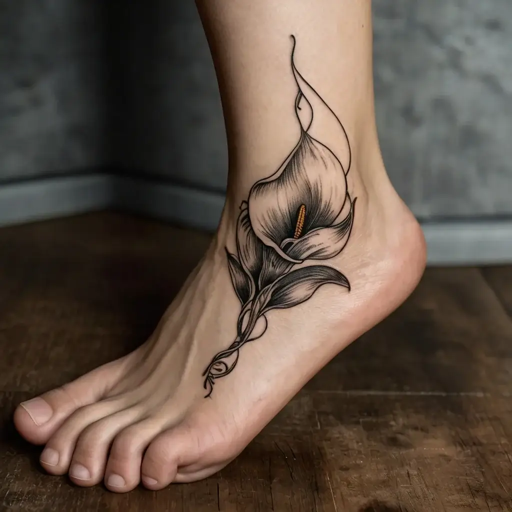 Elegant black ink calla lily tattoo on foot, featuring intricate shading and smooth lines for a delicate floral design.