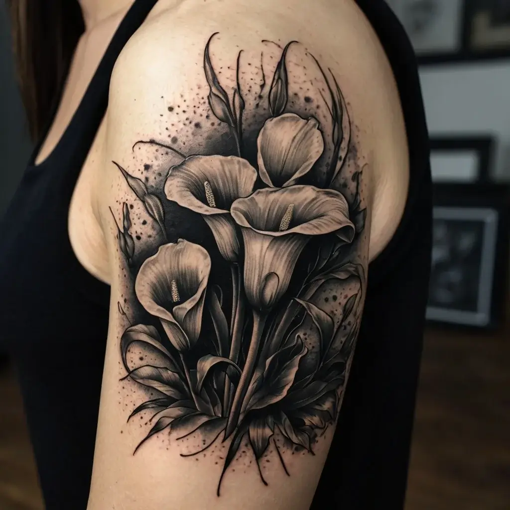 Black and gray calla lilies tattoo with intricate shading and dot work, covering upper arm for an elegant look.