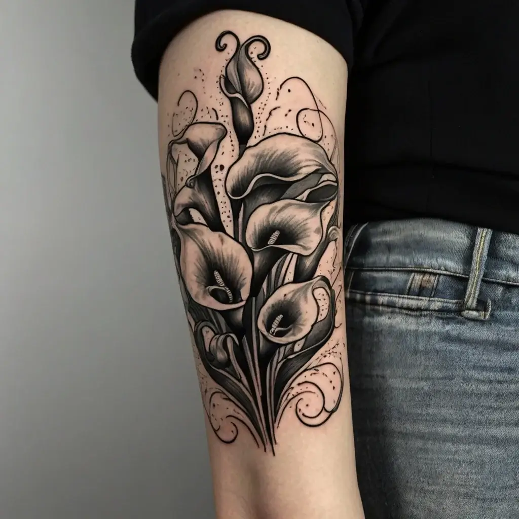 Black and gray calla lilies tattoo with intricate shading and swirling line accents on forearm.