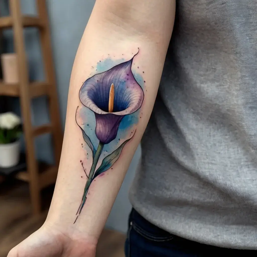 A watercolor-style tattoo of a purple calla lily on the forearm, with delicate blue accents and shading.