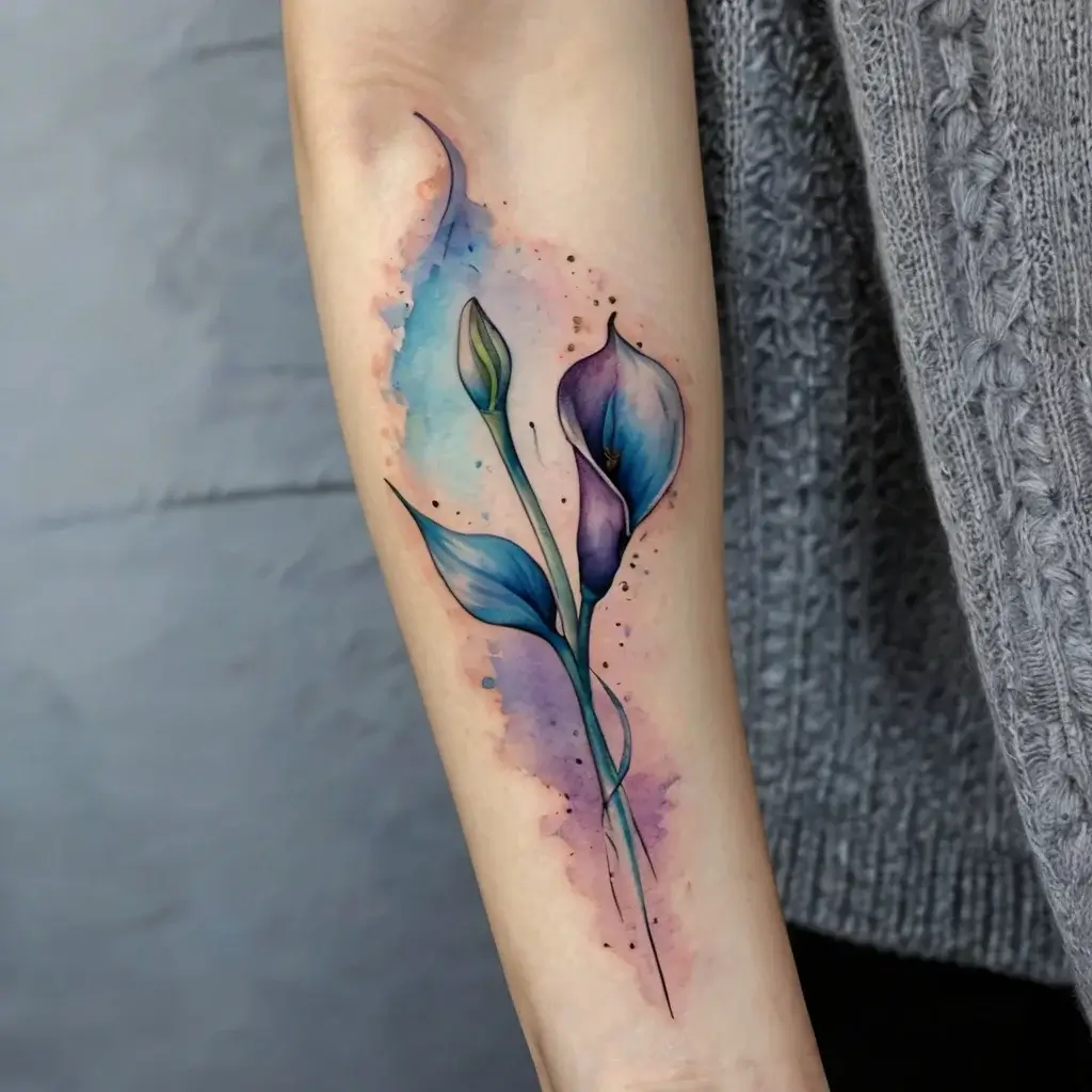 Watercolor style calla lilies with blue and purple hues on forearm, blending gracefully with pastel background splashes.