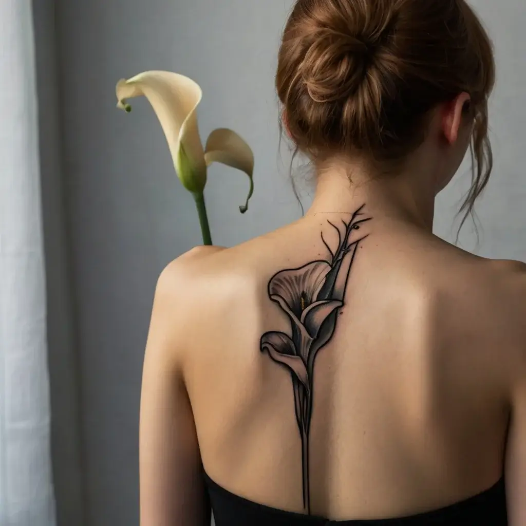 Elegant calla lily tattoo in black and white, extending vertically along the spine, with detailed shading for depth.