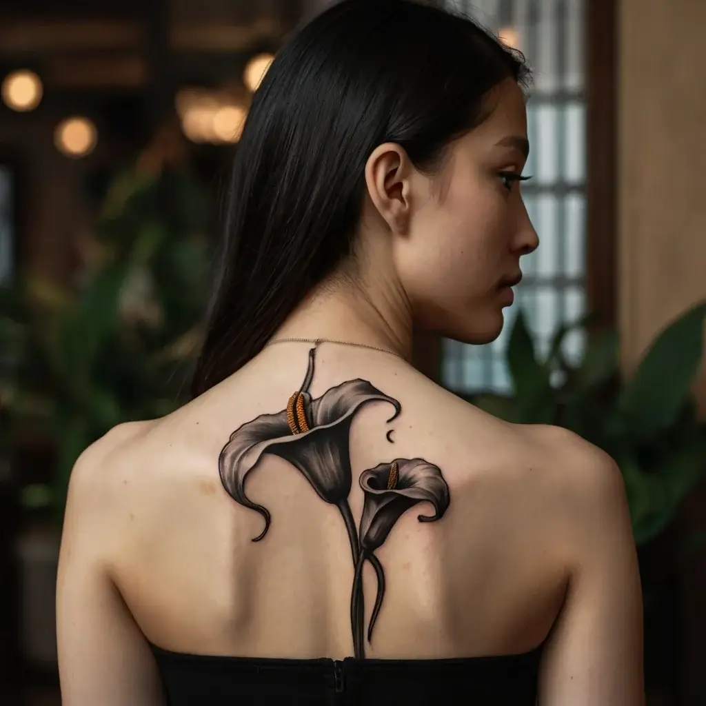 Tattoo of two realistic black calla lilies with orange centers on a woman's upper back, symbolizing elegance and beauty.