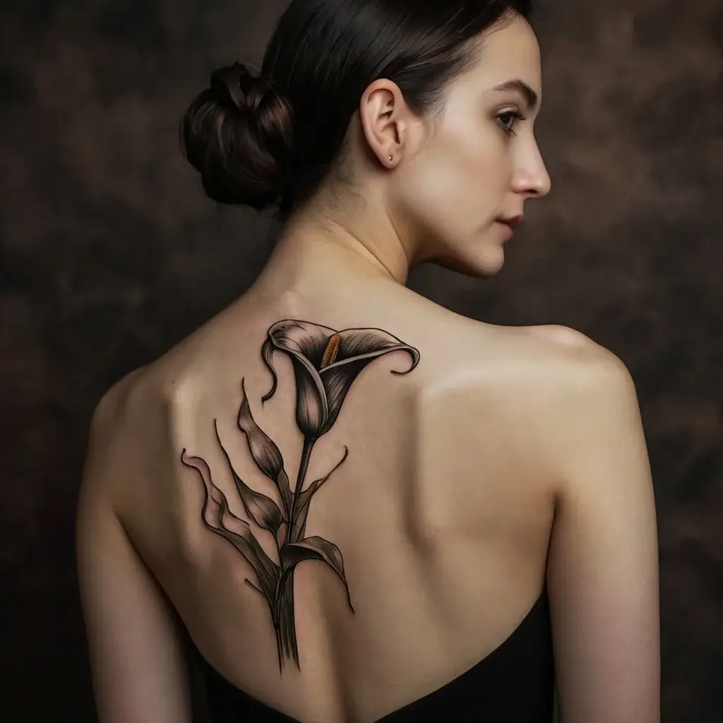 Elegant calla lily tattoo with delicate shading on the woman's upper back, symbolizing beauty and purity.