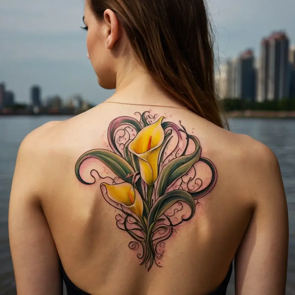 Tattoo of vibrant calla lilies with swirling vines on a woman's back, blending nature and elegance in colorful detail.