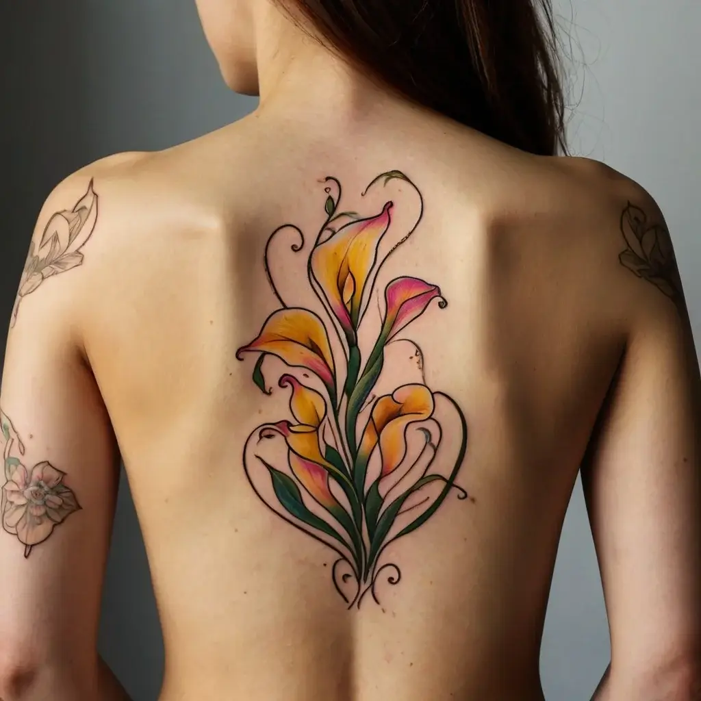 Elegant back tattoo of vibrant calla lilies in orange and pink hues, accented with green leaves and swirling vines.