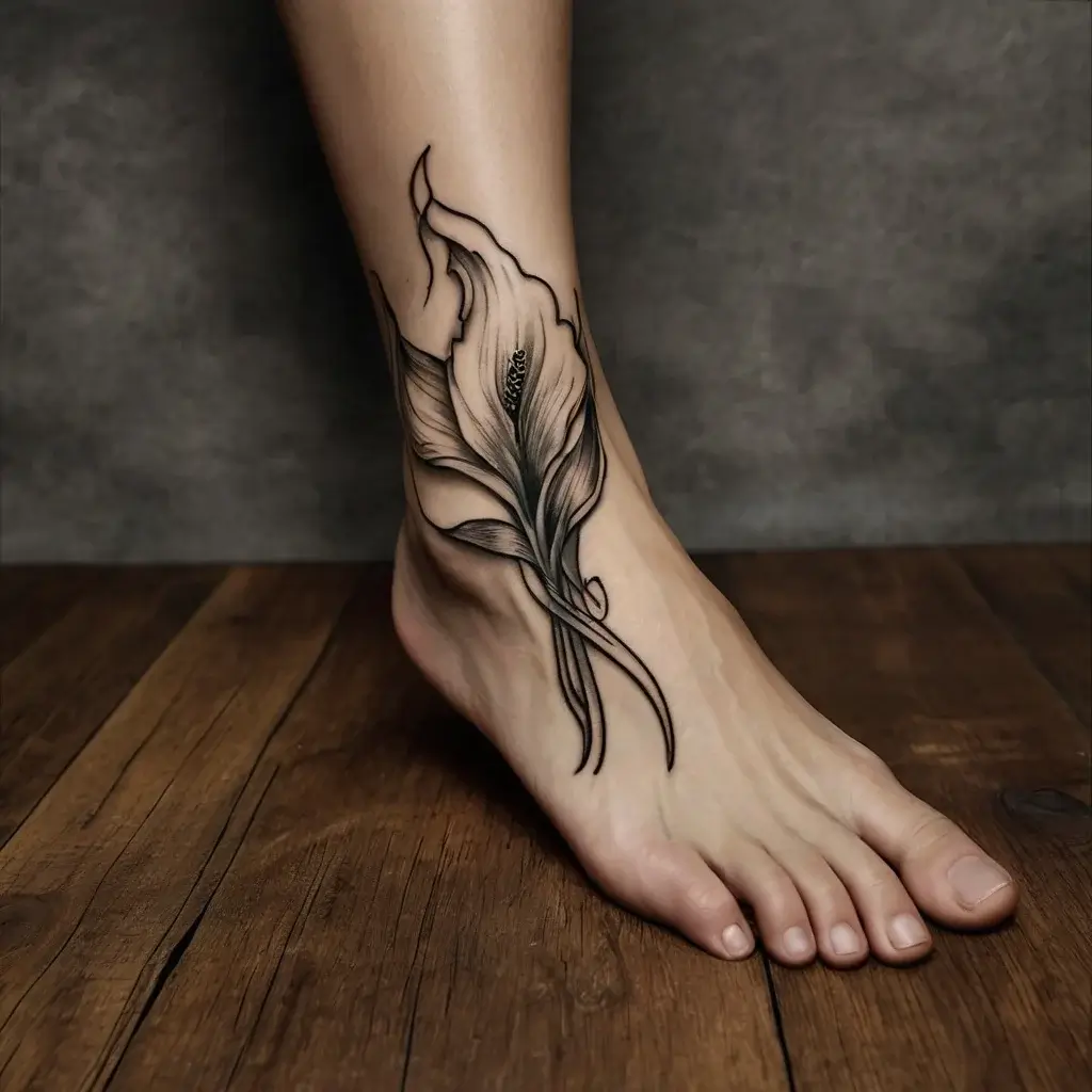 Elegant black and gray calla lily tattoo on ankle, showcasing fine lines and shading with flowing organic curves.