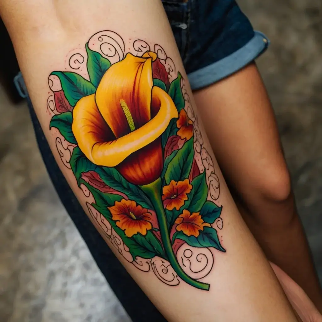 Vibrant calla lily tattoo with green leaves, swirls, and smaller orange flowers, showcasing bold colors and intricate details.