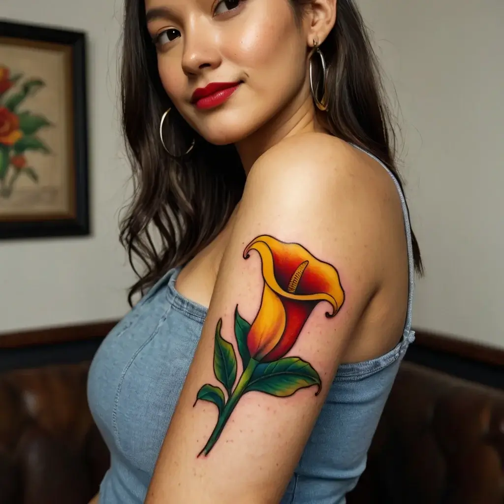 Vibrant calla lily tattoo with yellow and red petals, green leaves, and bold outlines on upper arm.