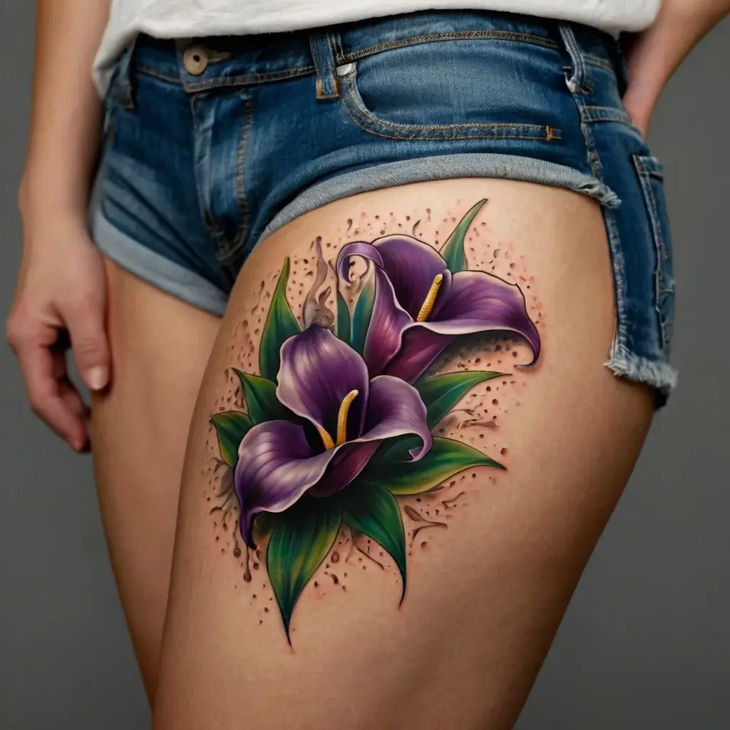 Tattoo of vibrant purple calla lilies with green leaves on a thigh, accented by delicate dot shading for depth.