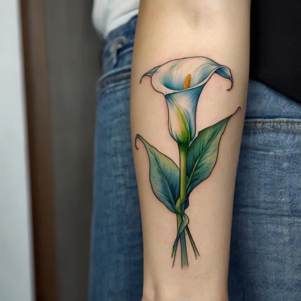 A vibrant tattoo of a calla lily with soft blue and green hues, elegantly detailed on the arm, symbolizing beauty.