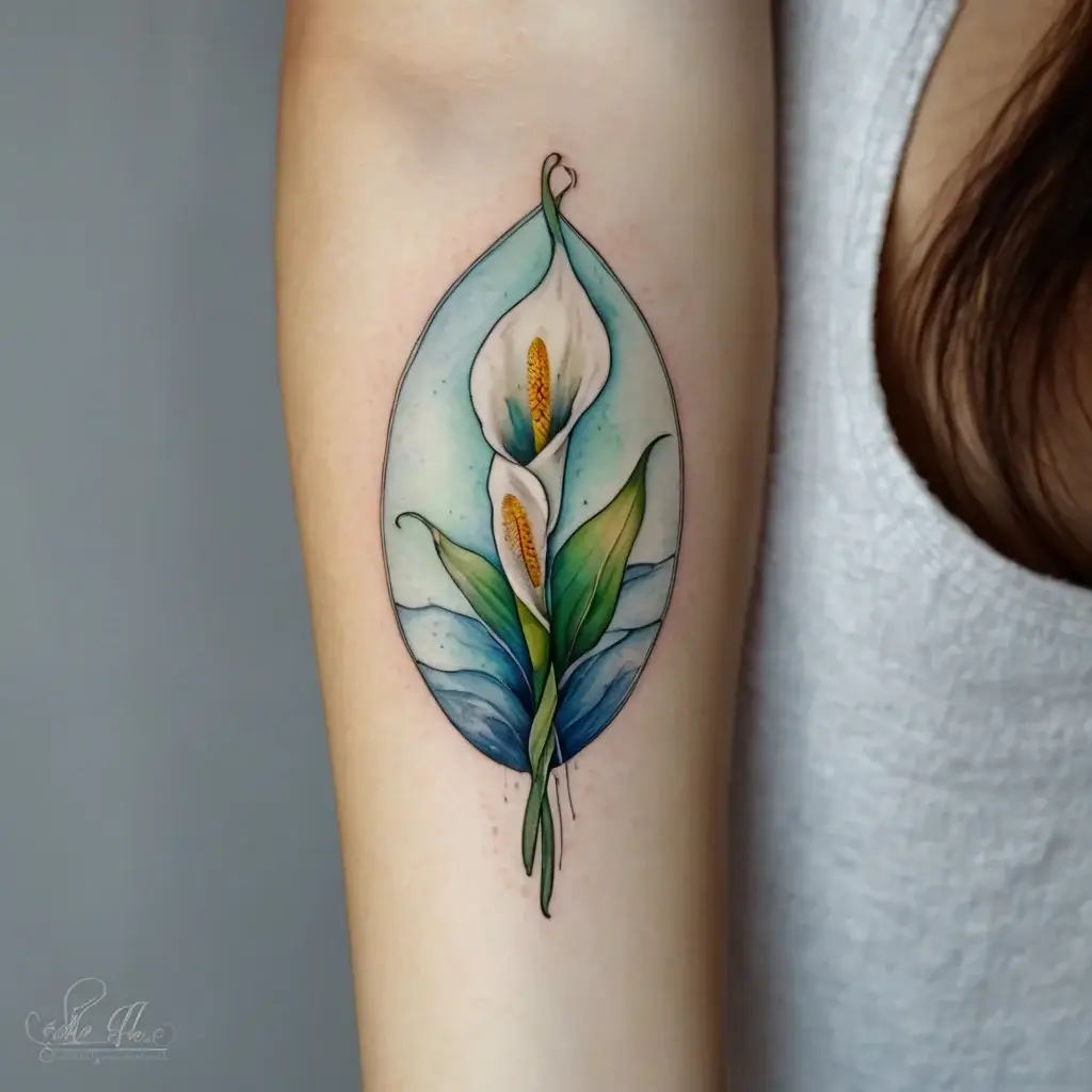 Watercolor tattoo of a calla lily with green leaves in a teardrop shape, blending blue and green hues on the arm.