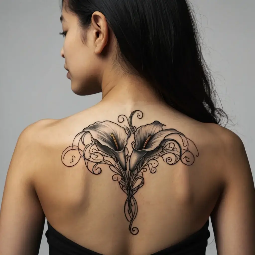 Tattoo of two elegant calla lilies on the upper back, surrounded by intricate swirling vines and detailed shading.