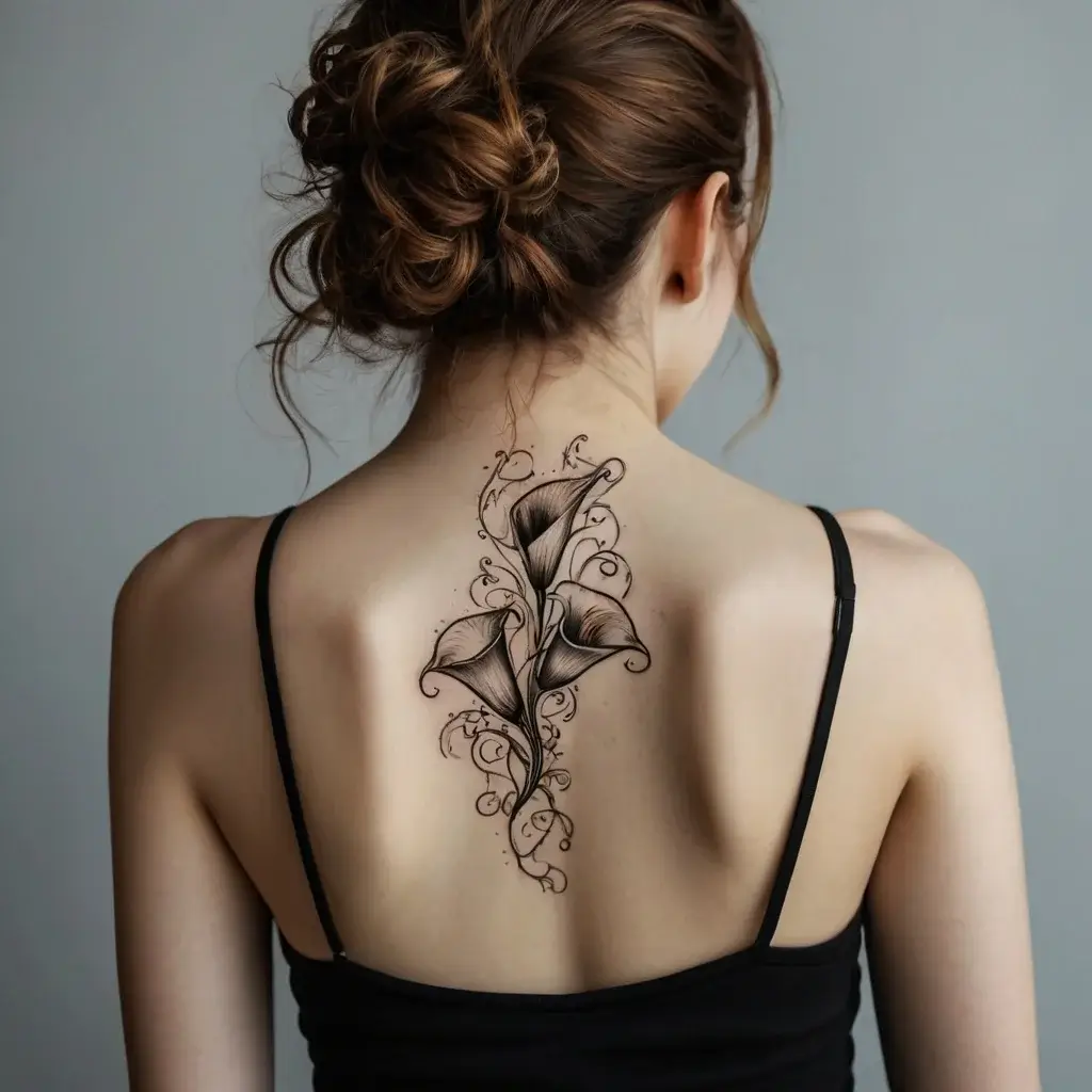 Elegant calla lilies tattoo with swirling vines, intricately detailed in black and gray on the upper back.