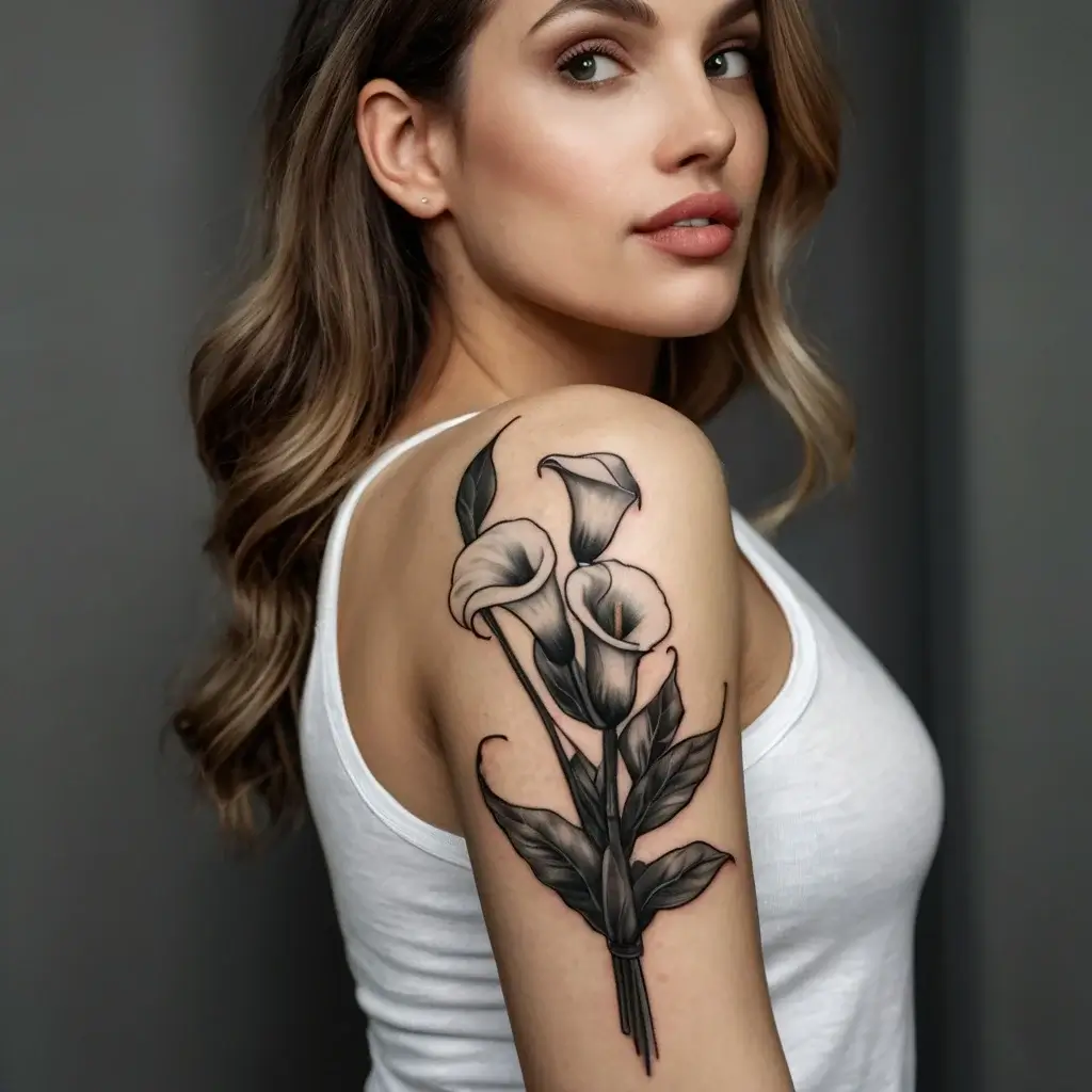 Black and gray calla lily tattoo on upper arm, elegantly detailed with flowing stems and leaves for a graceful look.