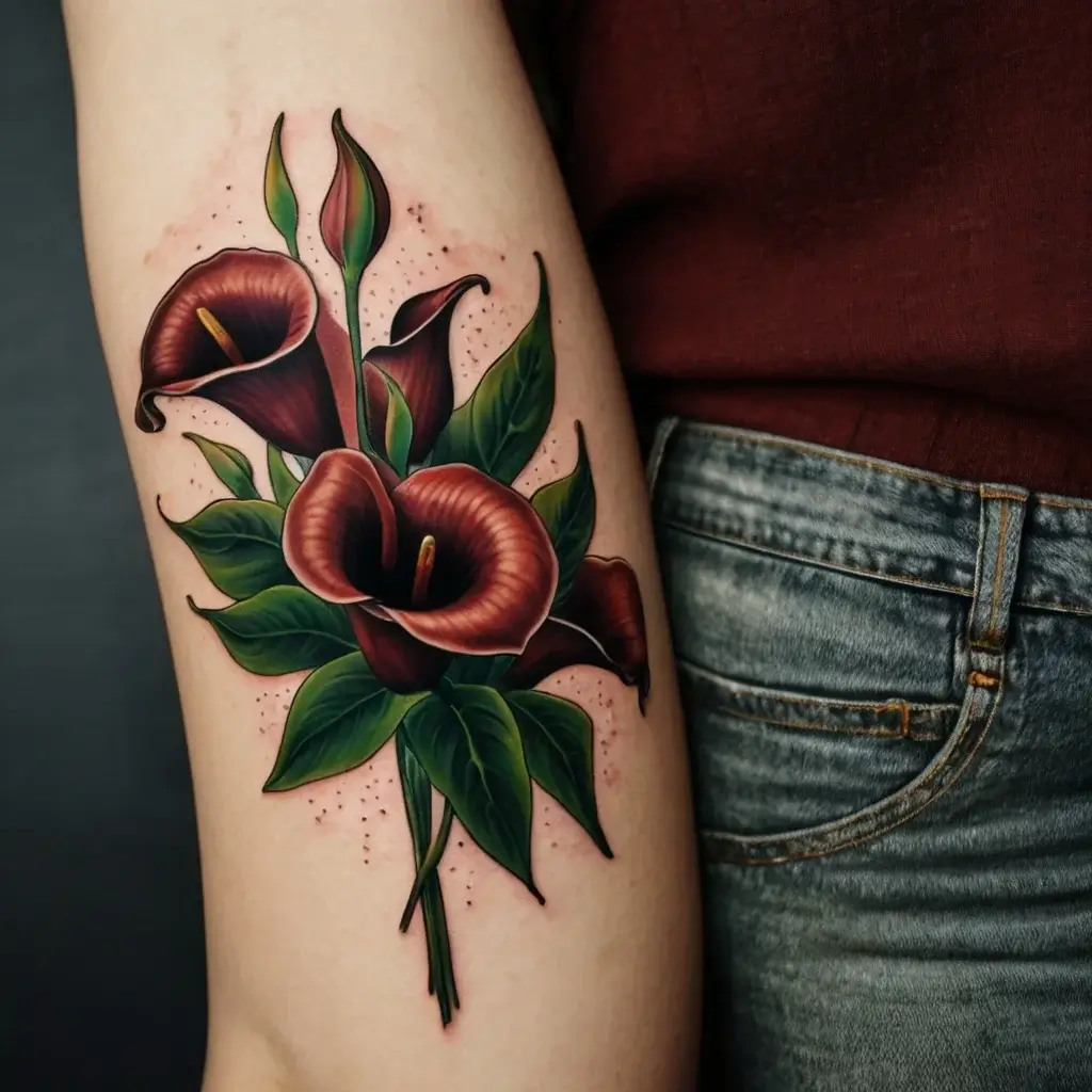 Tattoo of realistic dark red calla lilies with lush green leaves on the arm, detailed shading adds depth.