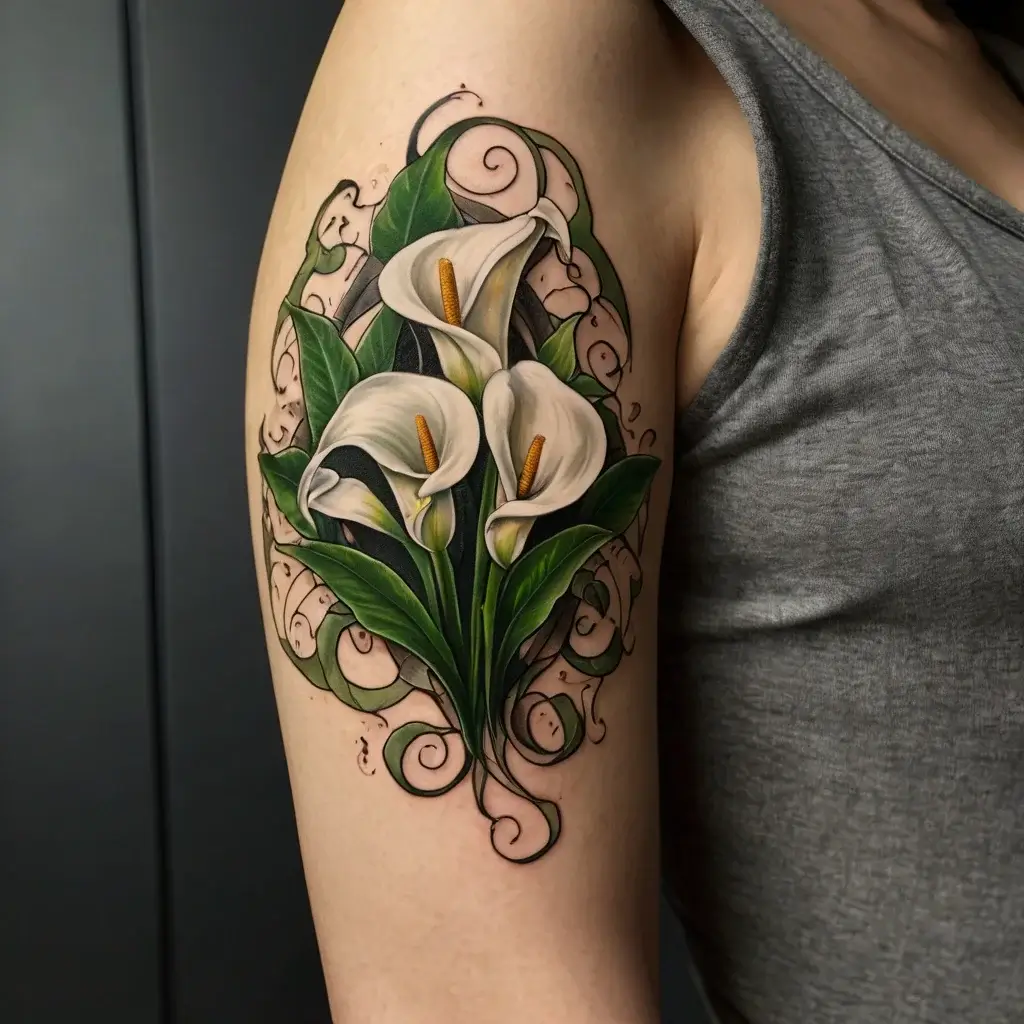 A vivid tattoo of calla lilies with swirling vines on the upper arm, blending realism with ornamental elements.