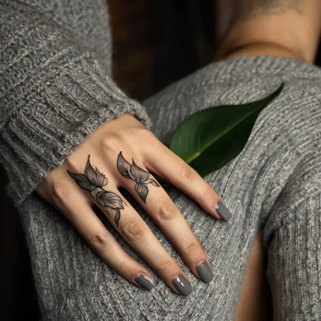 Minimalist floral tattoo on fingers, featuring delicate, shaded leaves and petals in black ink, evoking elegance.