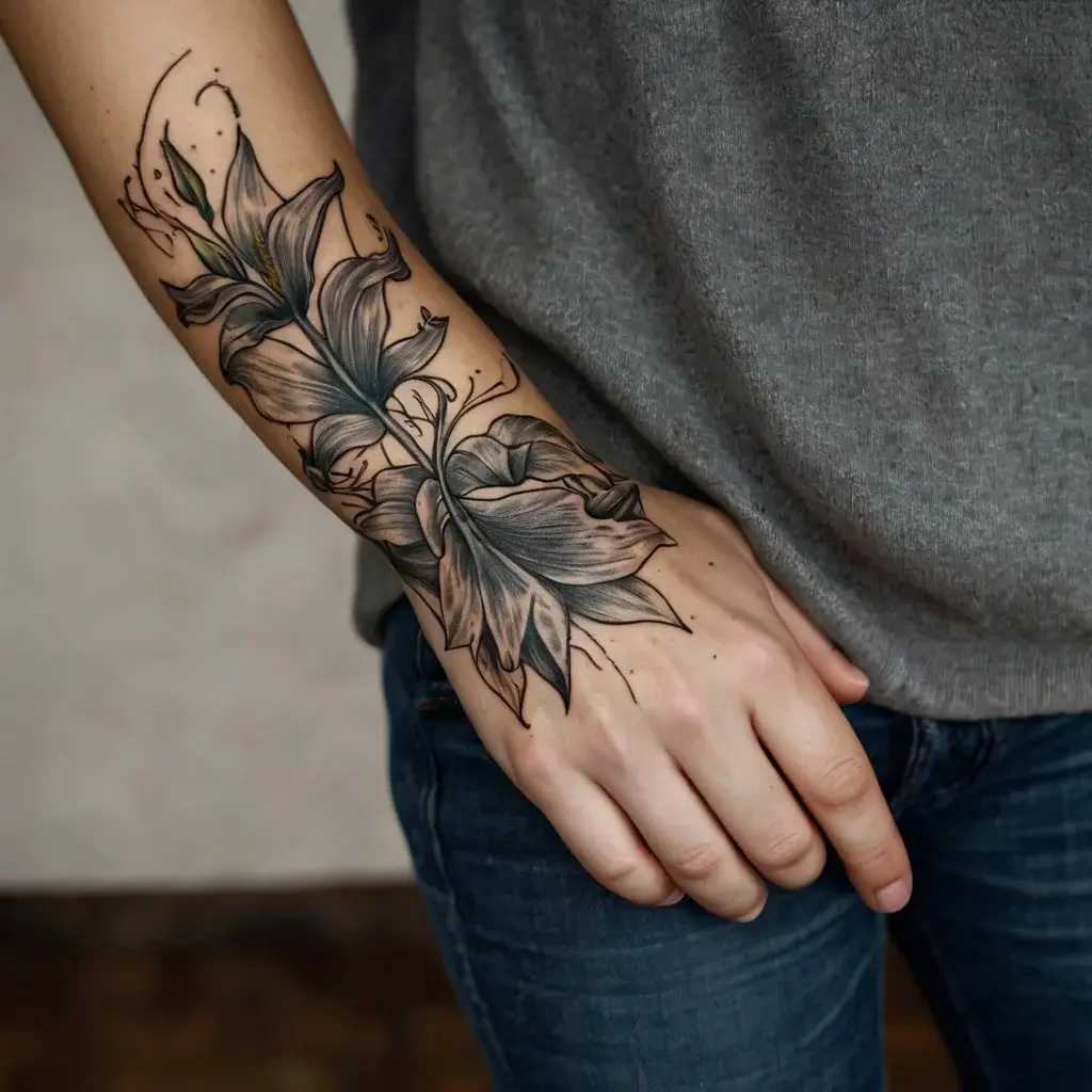 Floral tattoo on forearm, featuring detailed lilies with intricate shading and swirling line accents, extending to the hand.