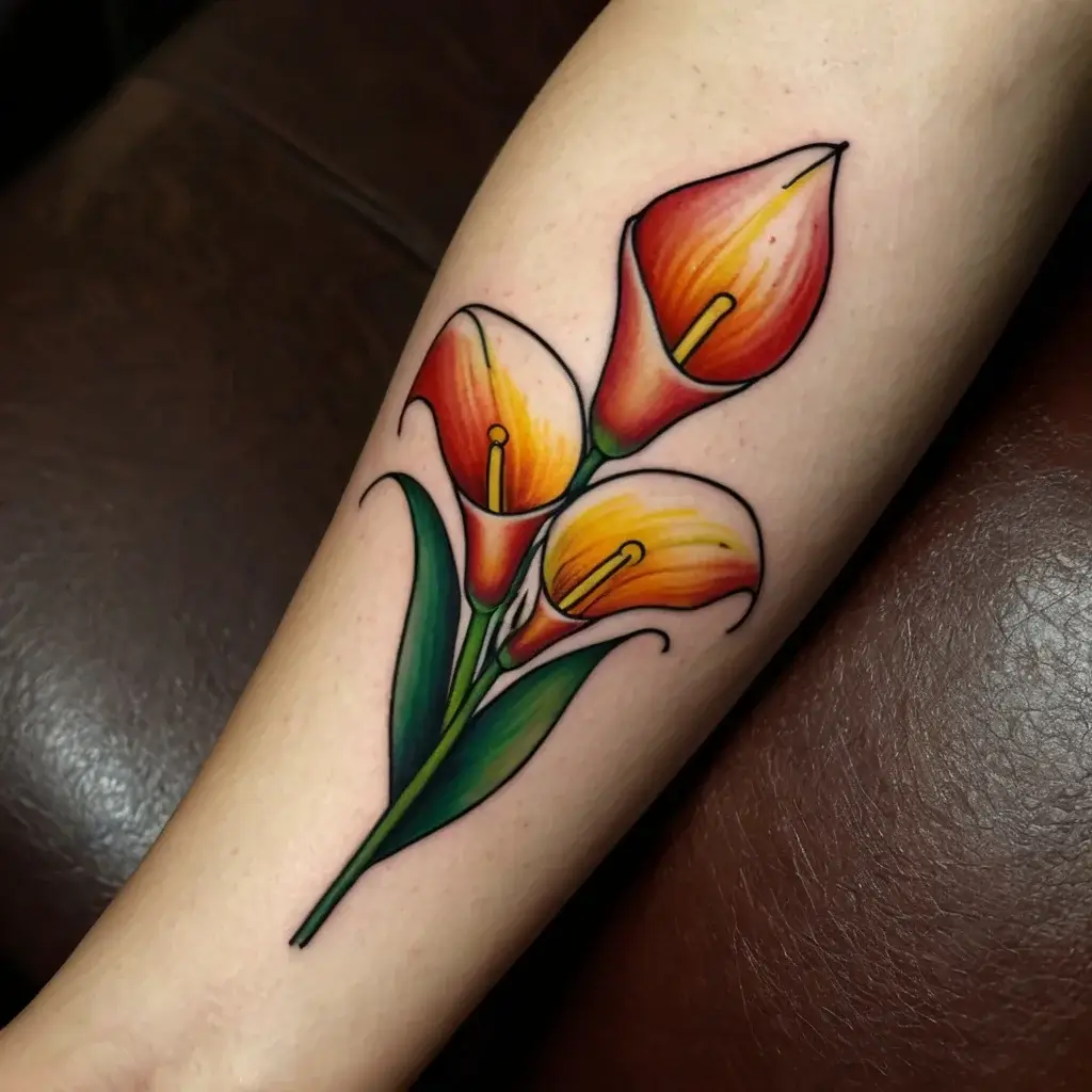 Tattoo of three vibrant calla lilies in gradient orange and yellow hues, with green leaves, elegantly inked on the forearm.