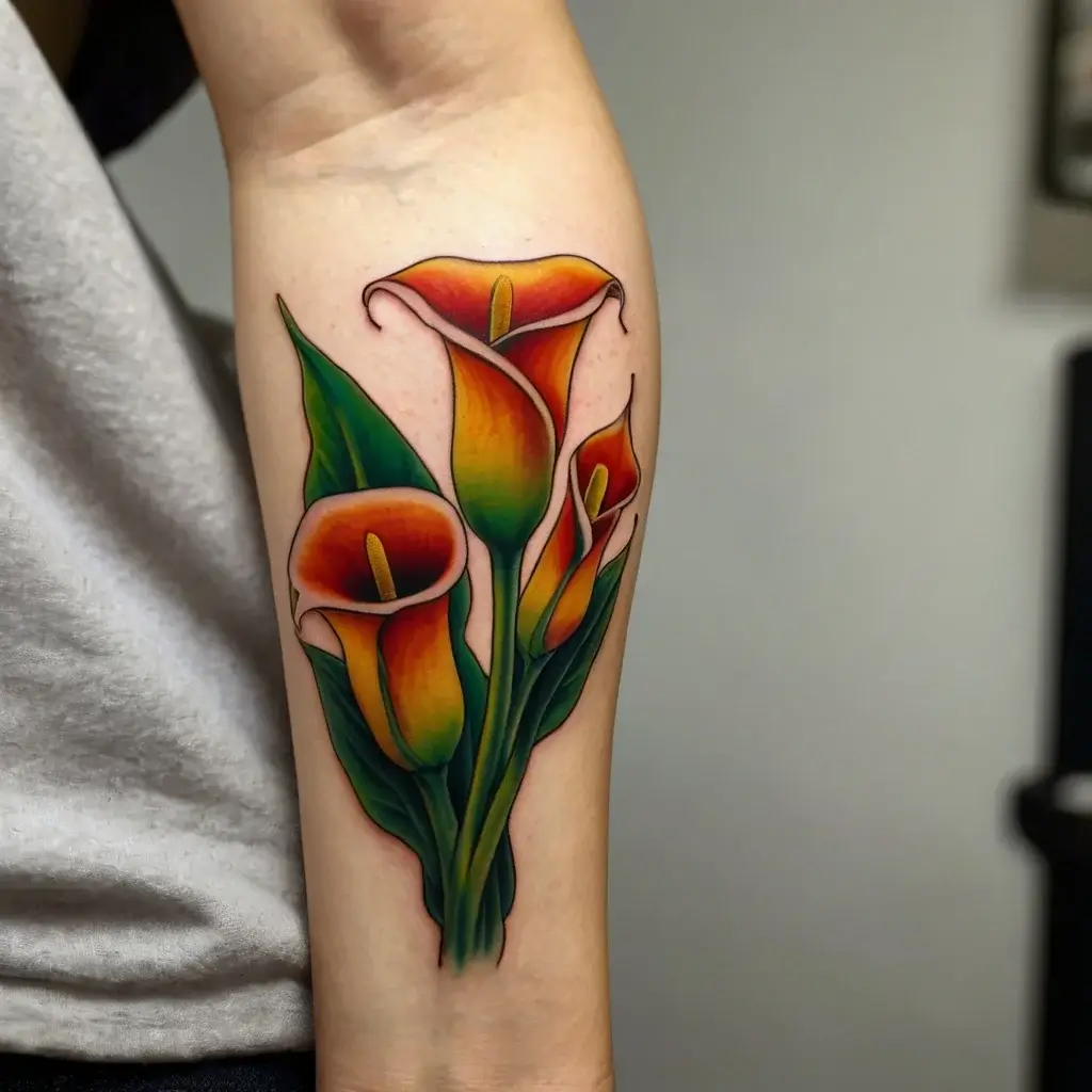 Tattoo of vibrant orange calla lilies with green stems and leaves, detailed shading on the forearm.