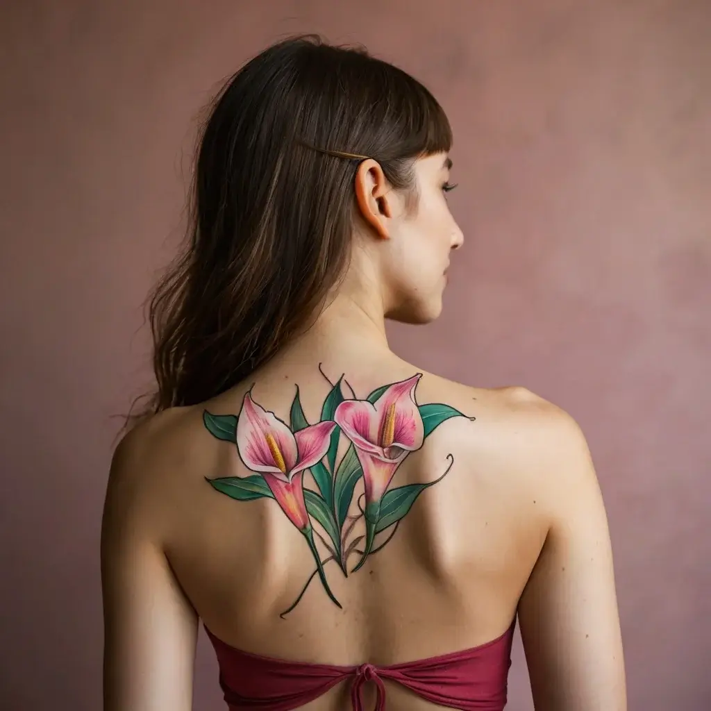 Tattoo features three pink calla lilies with green leaves on the upper back, intricately detailed and vibrant.