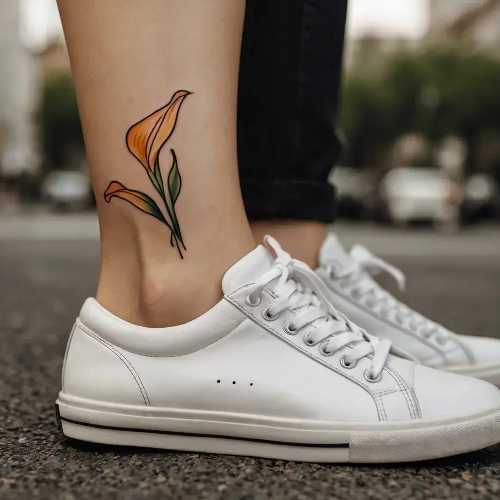 Tattoo of orange calla lilies with green stems on the ankle, showcasing elegant lines and vibrant colors.