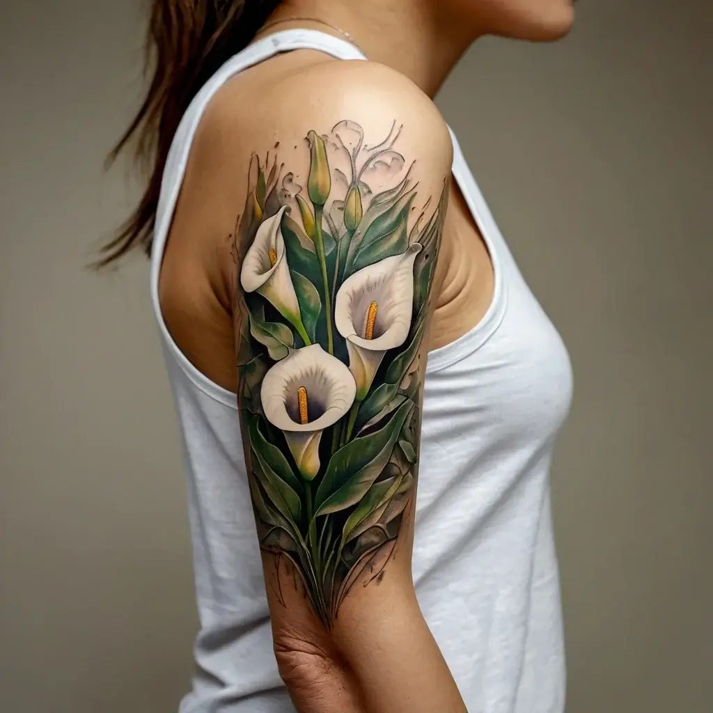 Elegant calla lilies with rich green leaves tattooed on upper arm, symbolizing beauty and purity in vibrant detail.