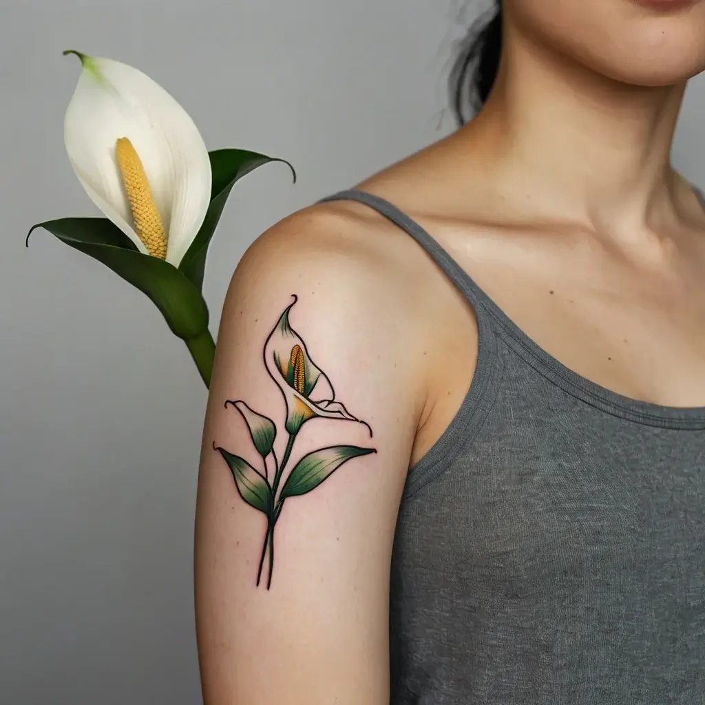 A delicate calla lily tattoo on the upper arm, featuring clean lines and soft shading in green and yellow tones.