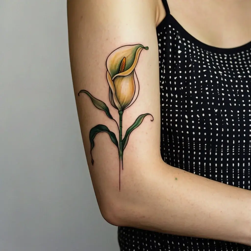 Colorful calla lily tattoo on upper arm, featuring delicate green leaves and a realistic, shaded flower in soft hues.