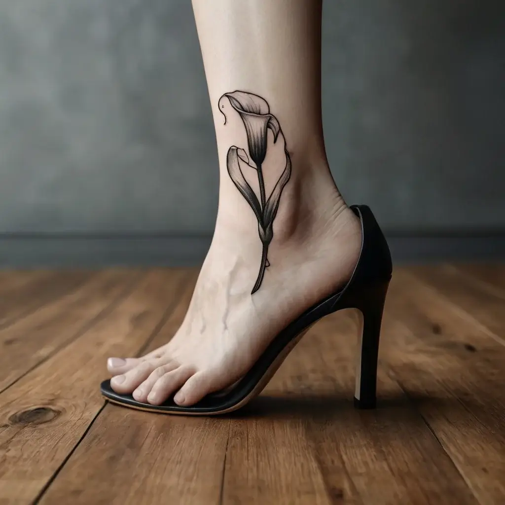 Minimalist calla lily tattoo on the ankle, elegantly flowing with thick, smooth lines and natural shading.