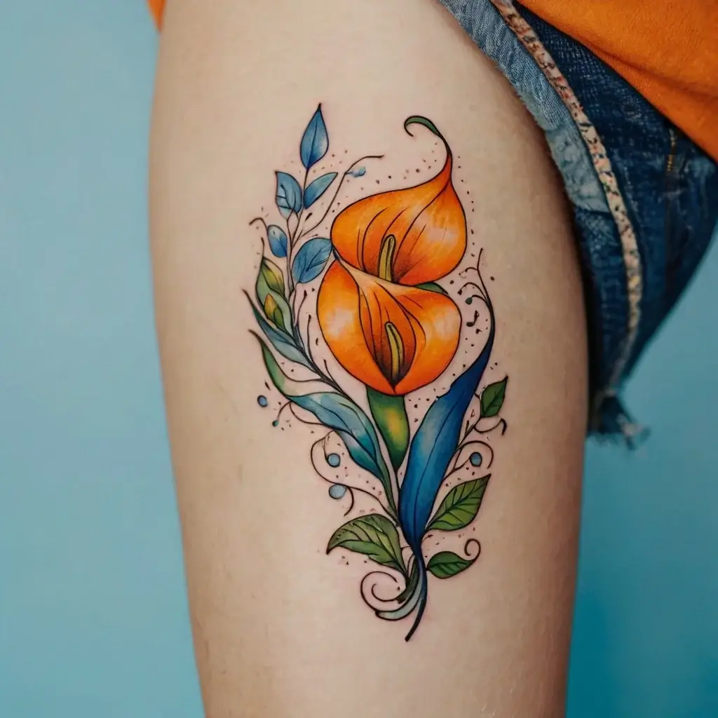 Vibrant orange calla lilies with swirling blue and green leaves, accented by delicate dot work and subtle shading.