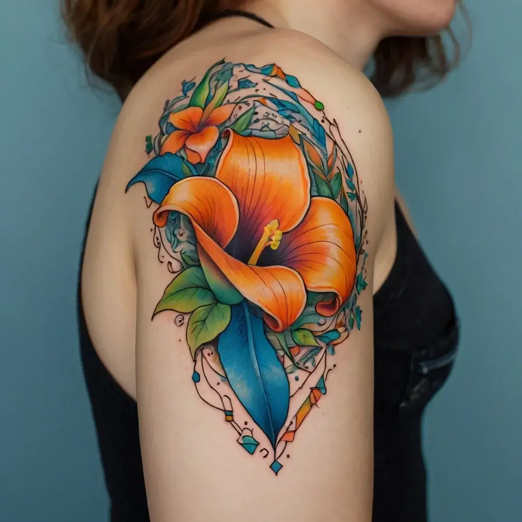 Colorful tattoo of a vibrant orange lily with green leaves, accented with blue petals and intricate geometric details.